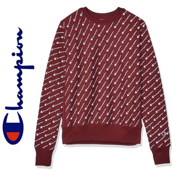 CHAMPION REVERSE WEAVE AOP CREWNECK SWEATSHIRT XS Burgundy Maroon Men’s Unisex - Picture 1 of 11